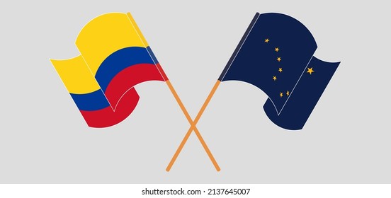 Crossed flags of Colombia and the State of Alaska. Official colors. Correct proportion. Vector illustration
