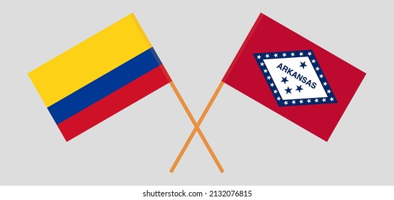 Crossed flags of Colombia and The State of Arkansas. Official colors. Correct proportion. Vector illustration
