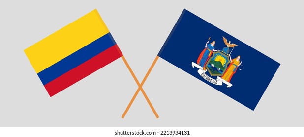 Banderas cruzadas de Colombia y el Estado de Nueva York. Colores oficiales. Proporción correcta. Ilustración del vector
