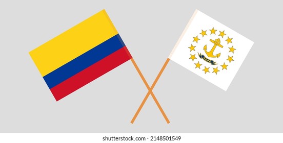 Banderas cruzadas de Colombia y el Estado de la Isla Rhode. Colores oficiales. Proporción correcta. Ilustración del vector
