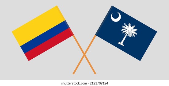 Crossed flags of Colombia and The State of South Carolina. Official colors. Correct proportion. Vector illustration
