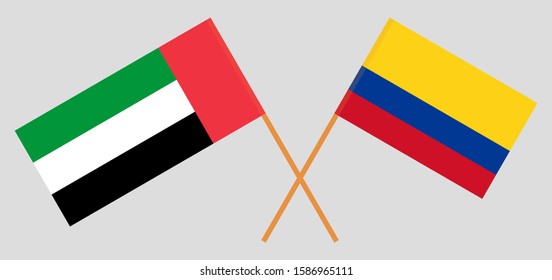Crossed flags of Colombia and the United Arab Emirates. Official colors. Correct proportion. Vector illustration
