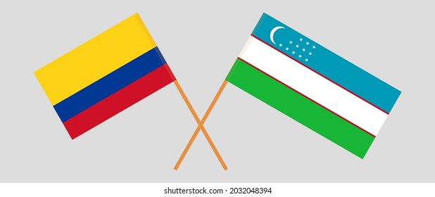 Crossed flags of Colombia and Uzbekistan. Official colors. Correct proportion