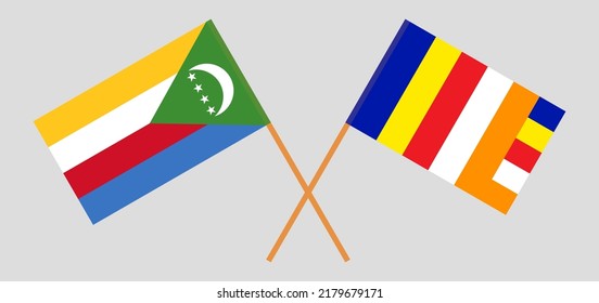 Crossed flags of the Comoros and Buddhism. Official colors. Correct proportion. Vector illustration
