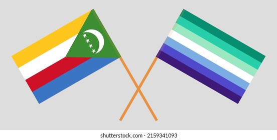 Crossed flags of the Comoros and gay men pride. Official colors. Correct proportion. Vector illustration
