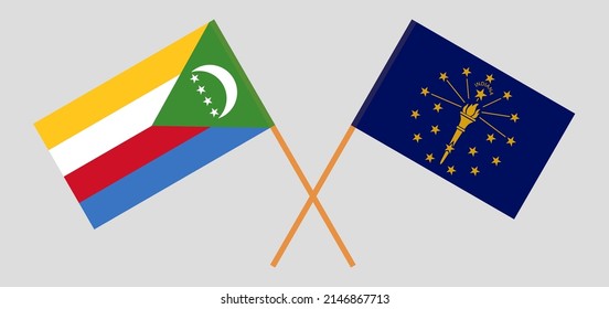 Banderas cruzadas de las Comoras y el Estado de Indiana. Colores oficiales. Proporción correcta. Ilustración del vector
