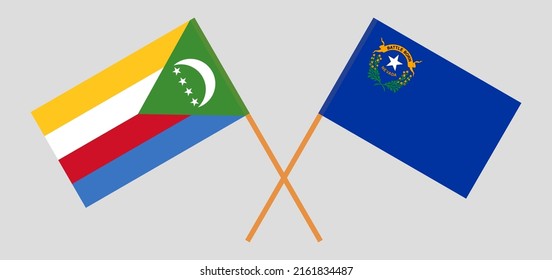 Crossed flags of the Comoros and The State of Nevada. Official colors. Correct proportion. Vector illustration
