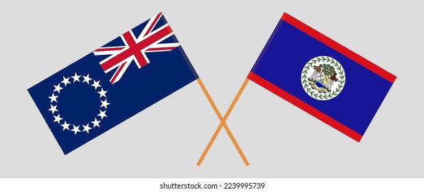 Crossed flags of Cook Islands and Belize. Official colors. Correct proportion. Vector illustration
