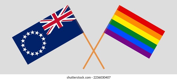 Crossed flags of Cook Islands and LGBTQ. Official colors. Correct proportion. Vector illustration
