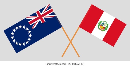 Crossed flags of Cook Islands and Peru. Official colors. Correct proportion. Vector illustration
