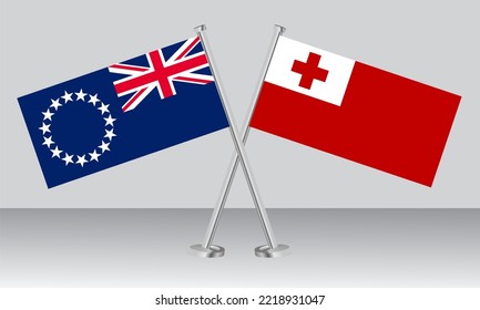 Crossed flags of Cook Islands and Tonga. Official colors. Correct proportion. Banner design
