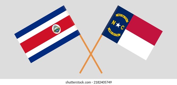 Crossed flags of Costa Rica and The State of North Carolina. Official colors. Correct proportion. Vector illustration
