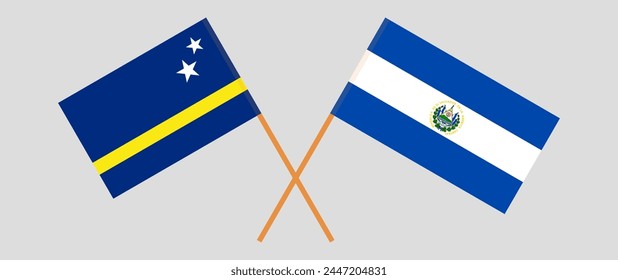 Crossed flags of Country of Curacao and El Salvador. Official colors. Correct proportion. Vector illustration
