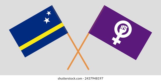 Crossed flags of Country of Curacao and Feminism. Official colors. Correct proportion. Vector illustration
