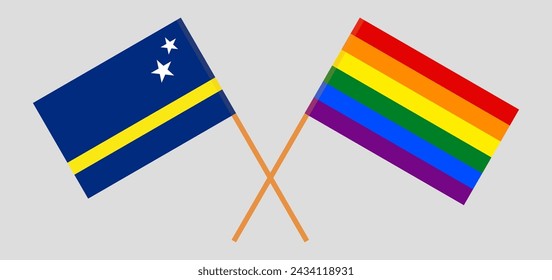 Crossed flags of Country of Curacao and LGBTQ. Official colors. Correct proportion. Vector illustration
