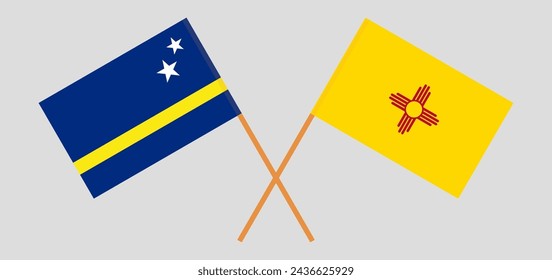 Crossed flags of Country of Curacao and the State of New Mexico. Official colors. Correct proportion. Vector illustration
