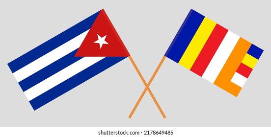 Crossed flags of Cuba and Buddhism. Official colors. Correct proportion. Vector illustration
