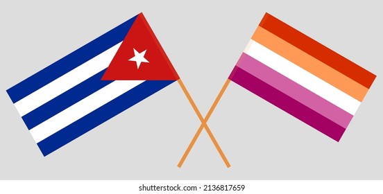Banderas cruzadas de Cuba y Orgullo Lesbiano. Colores oficiales. Proporción correcta. Ilustración del vector
