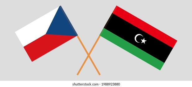 Banderas cruzadas de la República Checa y Libia. Colores oficiales. Proporción correcta