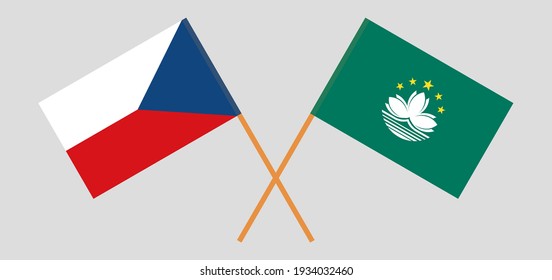 Banderas cruzadas de la República Checa y Macao. Colores oficiales. Proporción correcta