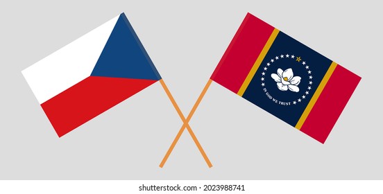 Banderas cruzadas de la República Checa y el Estado de Misisipi. Colores oficiales. Proporción correcta