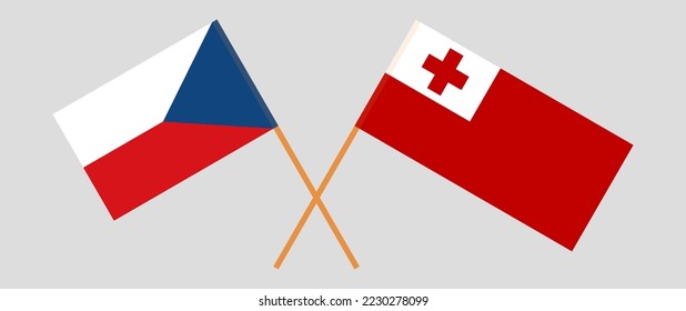 Crossed flags of Czech Republic and Tonga. Official colors. Correct proportion. Vector illustration
