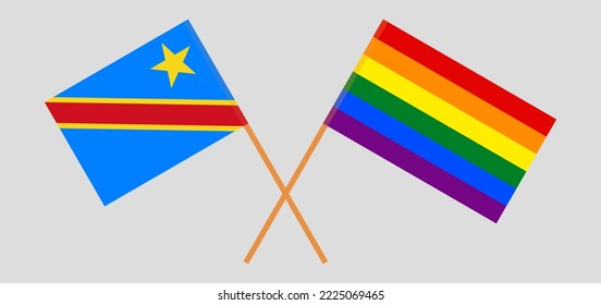 Crossed flags of Democratic Republic of the Congo and LGBTQ. Official colors. Correct proportion. Vector illustration
