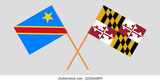 Crossed flags of Democratic Republic of the Congo and the State of Maryland. Official colors. Correct proportion. Vector illustration
