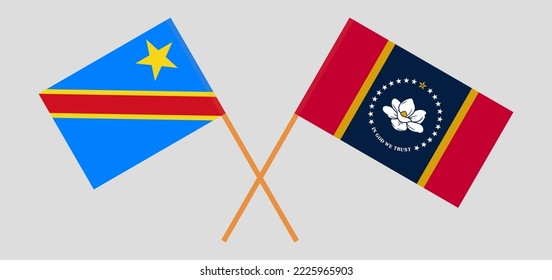 Crossed flags of Democratic Republic of the Congo and The State of Mississippi. Official colors. Correct proportion. Vector illustration

