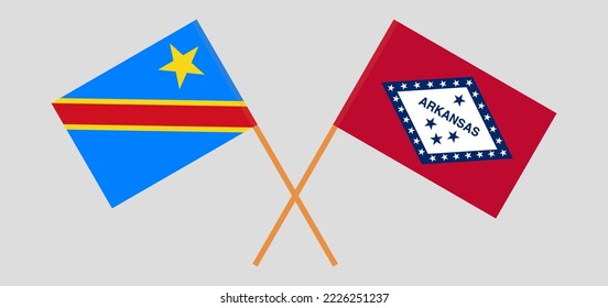Crossed flags of Democratic Republic of the Congo and The State of Arkansas. Official colors. Correct proportion. Vector illustration

