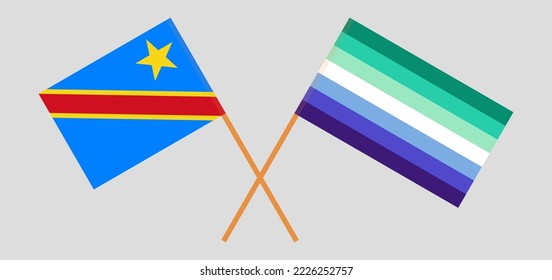 Crossed flags of Democratic Republic of the Congo and gay men pride. Official colors. Correct proportion. Vector illustration
