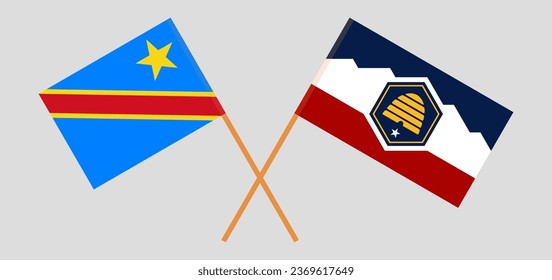 Crossed flags of Democratic Republic of the Congo and The State of Utah. Official colors. Correct proportion. Vector illustration
