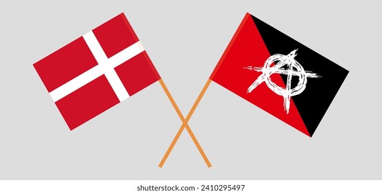 Crossed flags of Denmark and anarchy. Official colors. Correct proportion. Vector illustration
