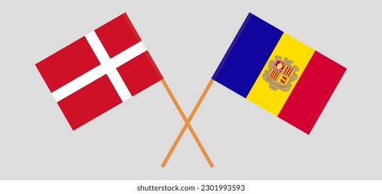 Crossed flags of Denmark and Andorra. Official colors. Correct proportion. Vector illustration
