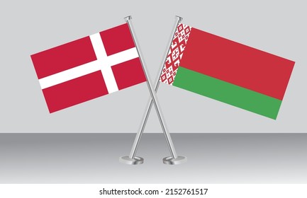 Banderas cruzadas de Dinamarca y Bielorrusia. Colores oficiales. Proporción correcta. Diseño de pancartas
