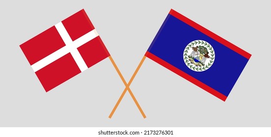 Crossed flags of Denmark and Belize. Official colors. Correct proportion. Vector illustration
