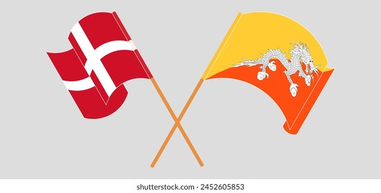 Crossed flags of Denmark and Bhutan. Official colors. Correct proportion. Vector illustration
