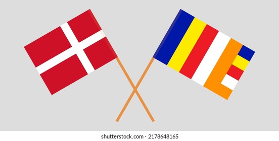 Crossed flags of Denmark and Buddhism. Official colors. Correct proportion. Vector illustration
