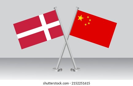 Gekreuzte Flaggen von Dänemark und China. Offizielle Farben. Richtiger Anteil. Banner-Design