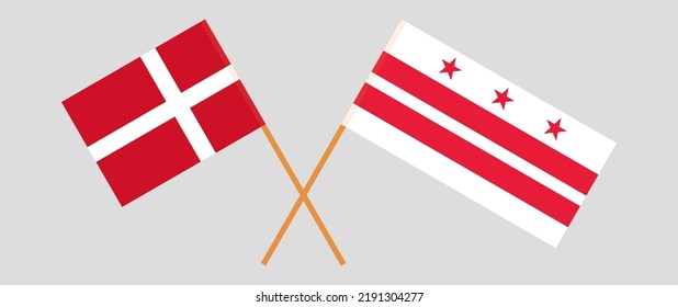 Crossed flags of Denmark and the District of Columbia. Official colors. Correct proportion. Vector illustration
