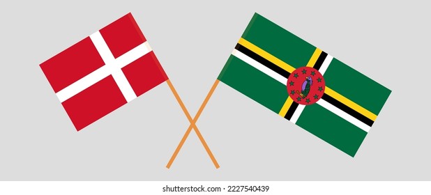 Crossed flags of Denmark and Dominica. Official colors. Correct proportion. Vector illustration
