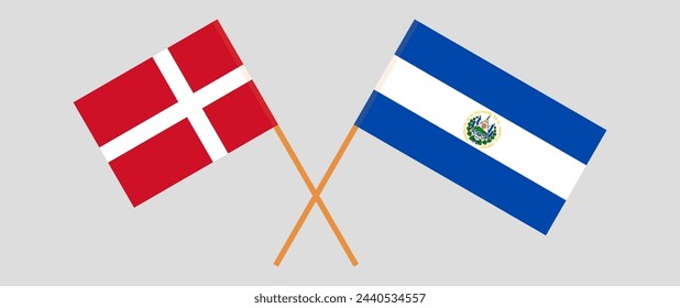 Crossed flags of Denmark and El Salvador. Official colors. Correct proportion. Vector illustration
