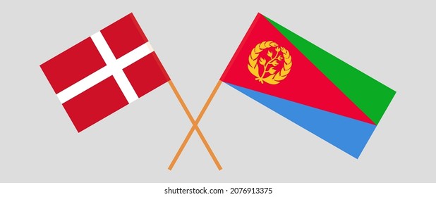 Crossed flags of Denmark and Eritrea. Official colors. Correct proportion. Vector illustration
