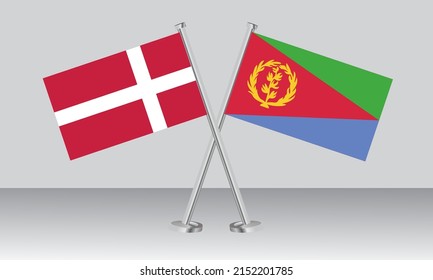 Banderas cruzadas de Dinamarca y Eritrea. Colores oficiales. Proporción correcta. Diseño de pancartas