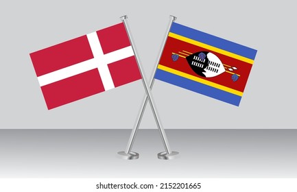 Banderas cruzadas de Dinamarca y Eswatini. Colores oficiales. Proporción correcta. Diseño de pancartas