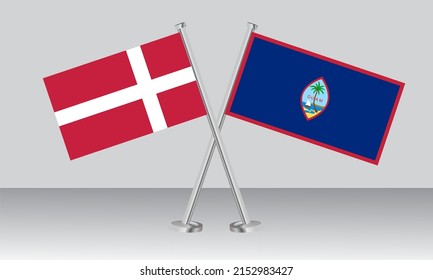 Banderas cruzadas de Dinamarca y Guam. Colores oficiales. Proporción correcta. Diseño de pancartas