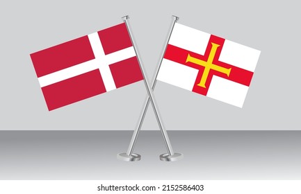 Banderas cruzadas de Dinamarca y Guernsey. Colores oficiales. Proporción correcta. Diseño de pancartas