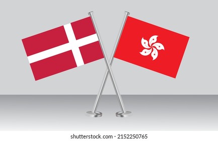 Banderas cruzadas de Dinamarca y Hong Kong. Colores oficiales. Proporción correcta. Diseño de pancartas