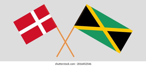 Banderas cruzadas de Dinamarca y Jamaica. Colores oficiales. Proporción correcta