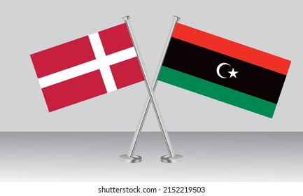 Crossed flags of Denmark and Libya. Official colors. Correct proportion. Banner design